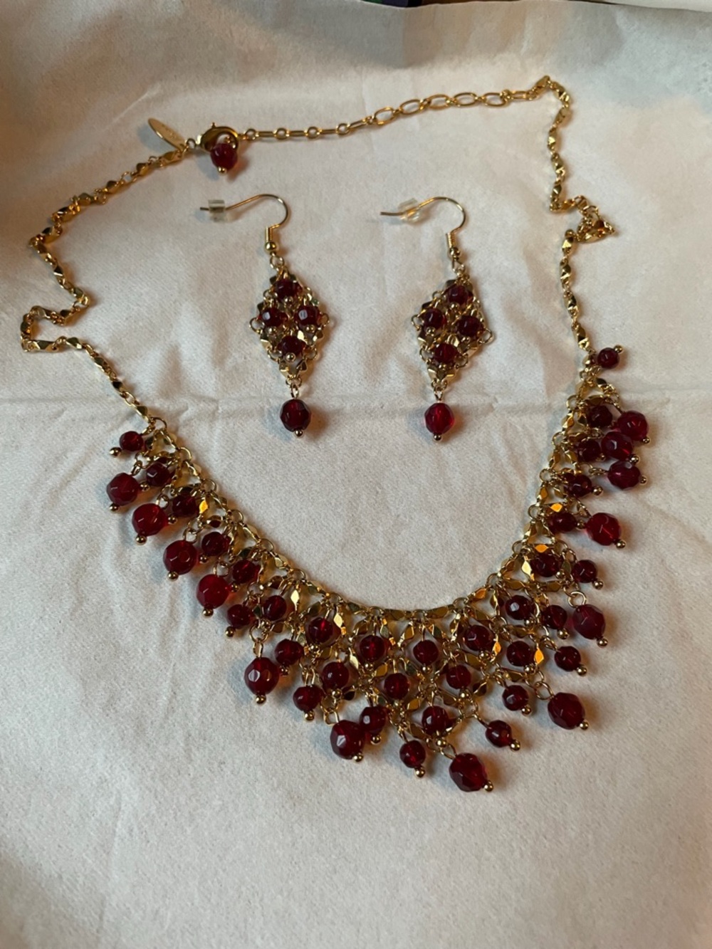 Lia Sophia Gold-Tone Necklace and Dangle Earrings with Deep Red Beads